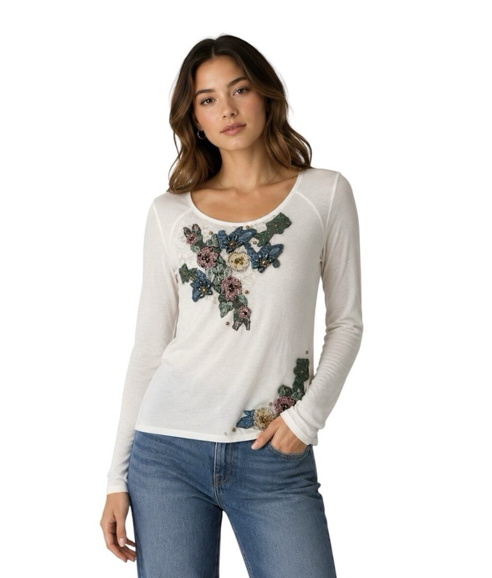 AZI Jeans Womens White Boho Indie 3D Floral Appliqué Top Artsy Beaded Sz Medium